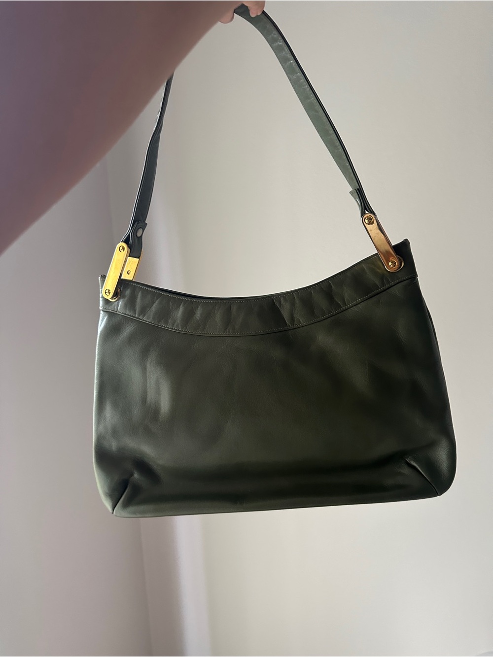 Susan Gail Olive Green Leather Shoulder Bag with Gold Hardware
